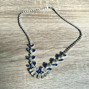 Vintage Style Leo Glass Blue Indigo Rhinestone Art Deco Statement Necklace